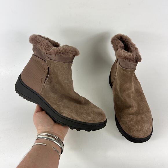 Baretraps ankle boots size 7 tan suede leather minimalist zip up faux fur lined - Picture 1 of 11